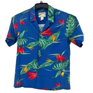 VTG Paradise Found Hawaiian Shirt Mens Large Blue Bird of Paradise Cotton Rayon